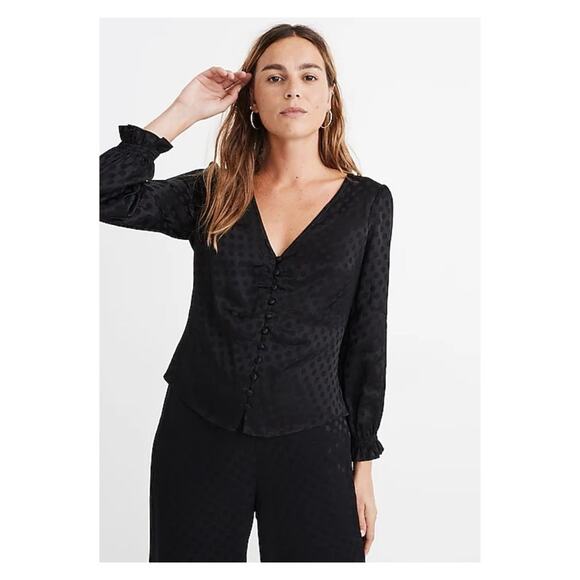 Madewell Smocked Sleeve Satin Daylight Blouse in Woven Dot 00 Black - Picture 1 of 6